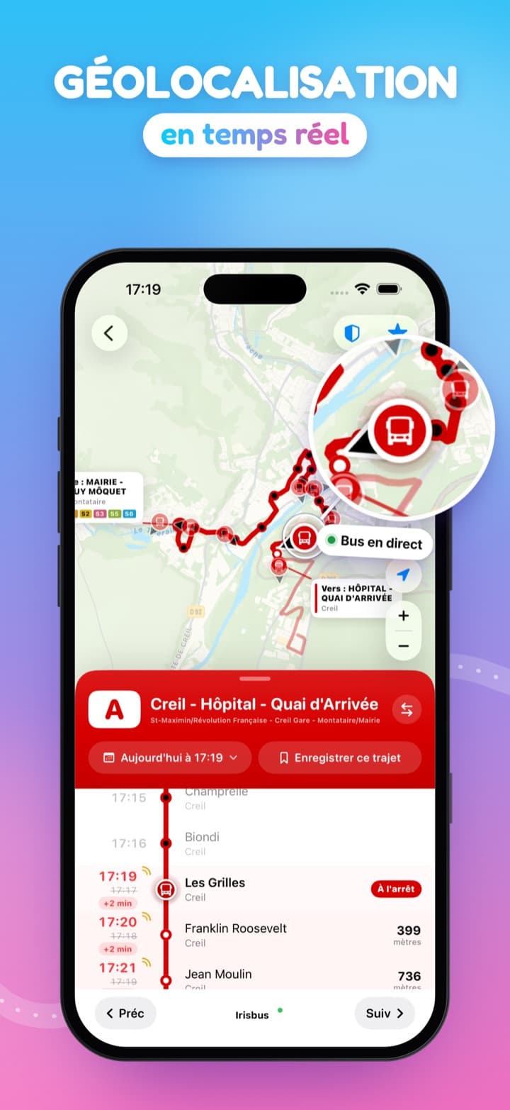 Bus Connect : bus suivi en direct sur la carte, avec ses prochains arrêts
