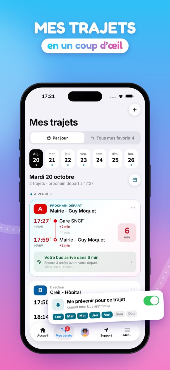 Liste de trajets favoris avec leurs prochains départs