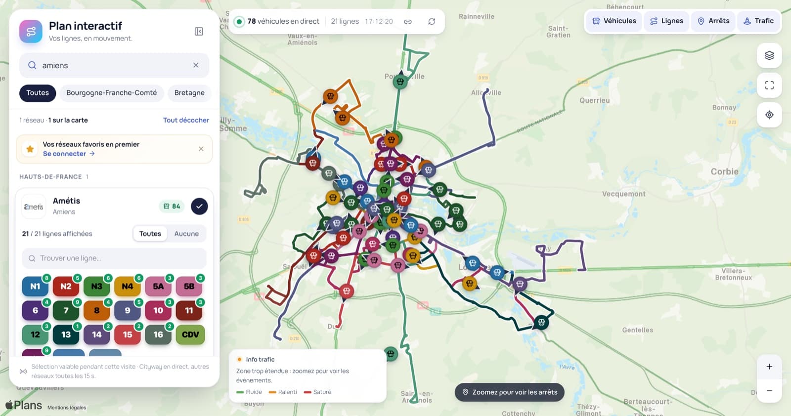 Plan interactif Bus Connect : lignes du réseau Amétis à Amiens et bus en direct sur la carte